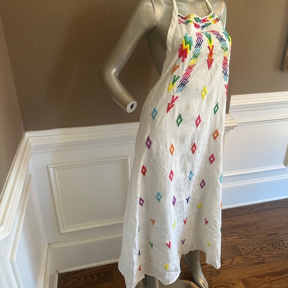 NWT ALL THINGS MOCHI Linen Halter Embroidered White Midi Dress Sz Large - Picture 4 of 6